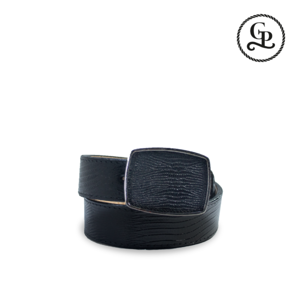 cinturón caballero corte vaquero piel grabada lizard color negro