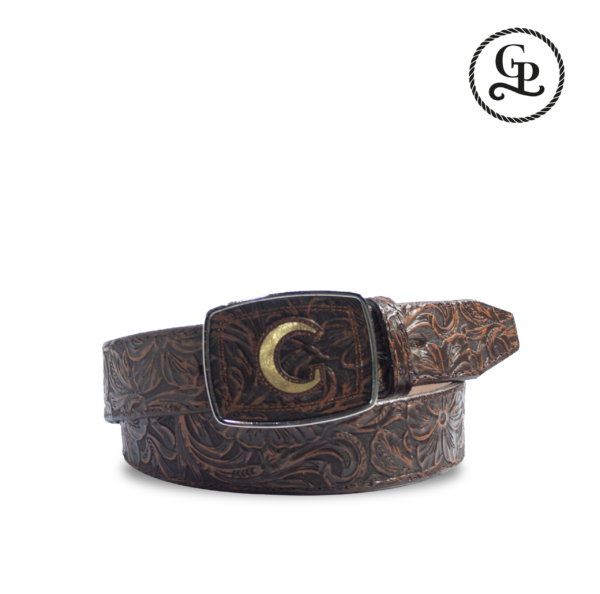 Cinturón caballero estilo cuadra grabado cincelado color café chocolate