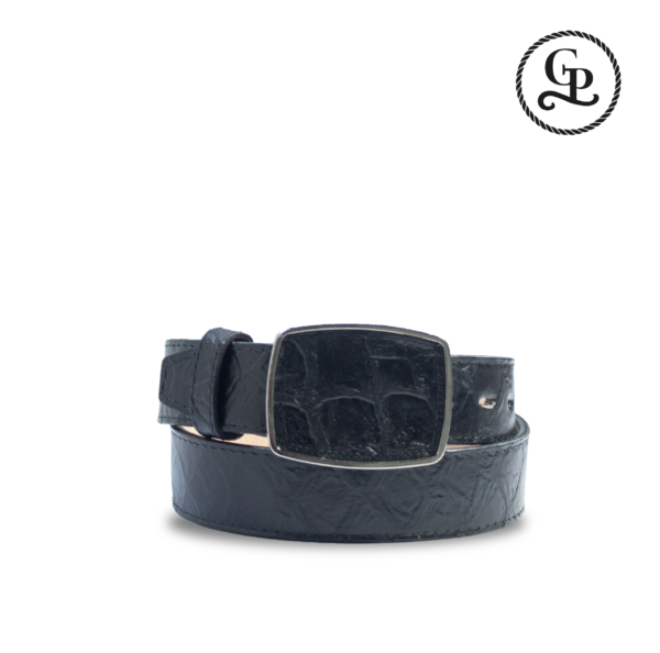 Cinturón caballero estilo cuadra piel grabada cocodrilo color negro