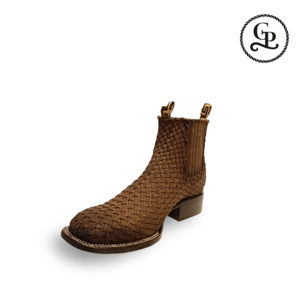 Botín Caballero Bulldog piel de res tejido color chocolate suela de cuero