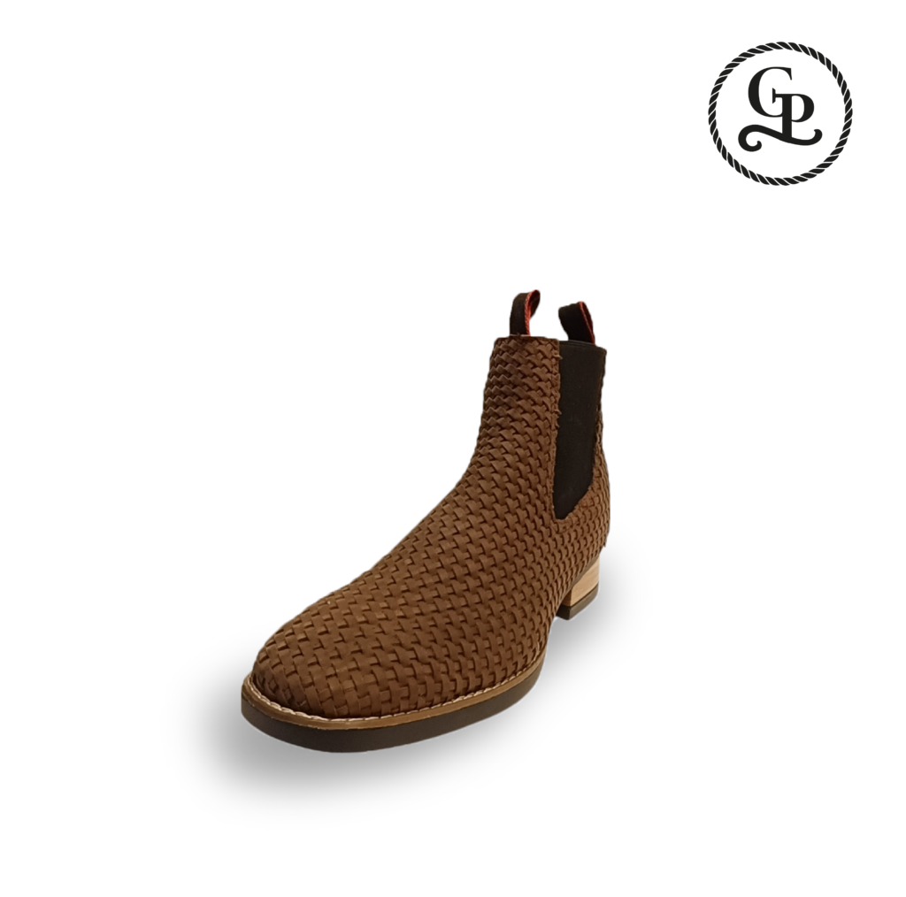 Botín Caballero Estilo Bulldog piel de res tejido color chocolate suela zigzag