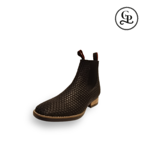 Botín Caballero Bulldog Negro, piel de Res tejido, color negro y suela zigzag