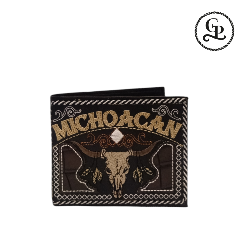 Cartera para caballero galaneada Michoacán craneo color negro