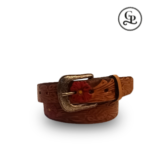 Cinturón para dama cuero grabado Rosa roja color miel