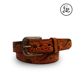 Cinturón para dama, de cuero, de color miel y grabado de Girasol