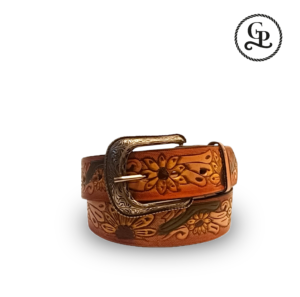 cinturon_grabado_04_01 Cinturón para dama cuero grabado Girasol color miel