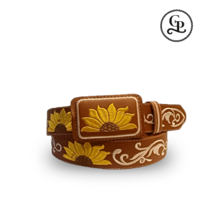 cinturon_piel_03_01 Cinturón para dama bordado Girasol hebilla forrada color miel