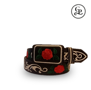 cinturon_piel_04_01 Cinturón para dama bordado Rosa roja hebilla forrada color negro
