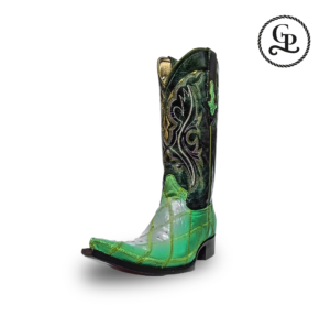 Bota vaquera para hombre estilo Chihuahua piel de Avestruz exótica, en rombos, color verde pistache, suela cuero