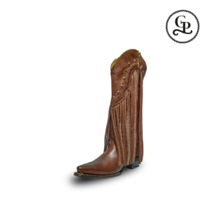 Bota vaquera para dama estilo 1010 puntal, piel borrego floter con barbas, color chedrón